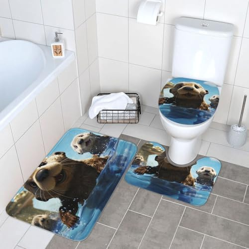 3 Piece Bath Mat Set Lovely Sea Animal Print U Shape Wc Toilet Rug With Rubber Backing Durable Pedestal Rug, For Outdoor, Bedroom, Indoor