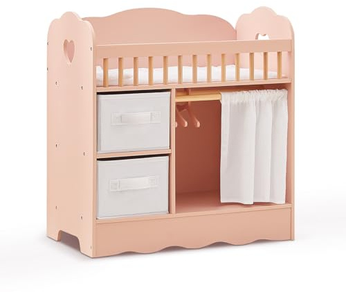 OOOK Baby Doll Crib, Wooden Baby Doll Bed and Changing Table, Dollhouse Furniture with Two Storage Box, Bedding and Coat Hangers, Nursery Playset Suitable for Dolls Under 22 Inches, Pink