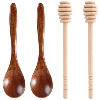 ZORVYN Set aus 4 Honiglöffel und Holzlöffel – Honigspender für Sirup, Marmelade und Küchenutensilien