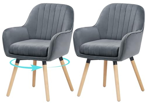 ELUCHANG Silla de Comedor Pack 2, 360°Giratoria, 12cm Grosor Sillones con Reposabrazos Altos, Gris Terciopelo Silla para Cocina, Salón, Dormitorio, Carga Máx. 150 kg, Patas de Madera