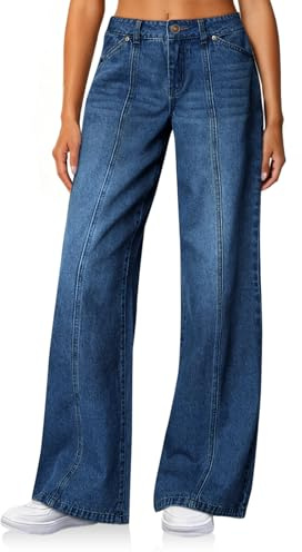 Cicy Bell Womens Wide Leg Jeans High Waisted Baggy Stretchy Front Seam Denim Pants with Pockets Blue