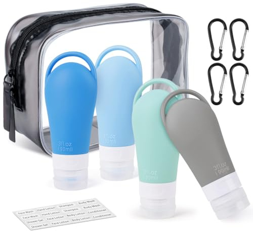 INSFIT 4 stycken silikonreseflaskor, TSA-kompatibla reseflaskor för fyllning, 90 ml resetoalettartiklar set med krok