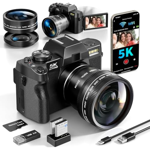 Appareil Photo numérique 5K, caméra de vlogging 64MP, caméra de vlogging Youtube contrôlée par WiFi et Application, Appareil Photo Compact avec Carte TF 64 Go, objectifs Grand-Angle et Macro