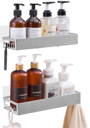 SONGMICS Duschhylla, Självhäftande Rostfri Badrumshylla, 2-Pack | Duschkorg för Badrum, Stål, 31,5 x 12,5 x 5 cm, Snabb Dränering, Silver, PARSON Kollektion BCB201E101