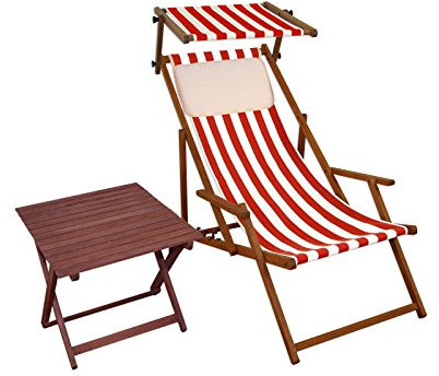 Erst-Holz Liegestuhl rot-weiß Gartenstuhl Tisch Sonnendach Kissen Deckchair Buche Strandstuhl 10-314STKH