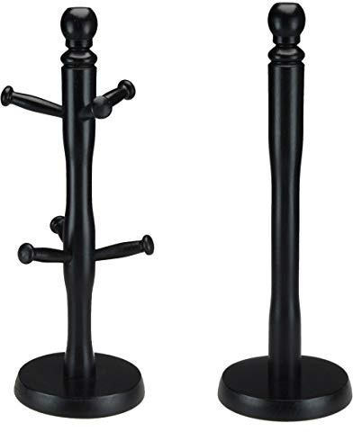Heavy Duty Wooden Beechwood Kitchen Mug Tree 6 Cup Stand Holder & Kitchen Towel Holder Tissue Roll Holder Dispenser 35x12cm (Black Mug Tree + Roll Holder)