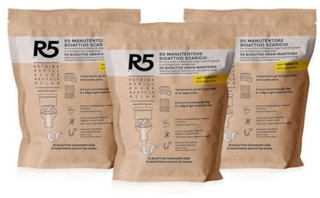R5, Manutentore Bioattivo Scarichi, 3 Confezioni da 6 Monodosi, Additivo per la Pulizia e la Cura degli Scarichi con l'Ausilio di Microrganismi Effettivi Selezionati, Made in Italy