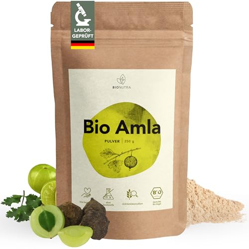 BIONUTRA® Poudre d’Amla Bio – 250 g Amalaki (groseille indienne), contrôlée pour les résidus, végane, sans additifs, cru, certifiée biologique UE, sans gluten ni lactose, riche en vitamine C naturelle