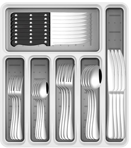 49-Piece Silverware Set with Organizer, Stainless Steel Flatware Utensils Set for 8, Forks and Spoons Silverware Set Cutlery Set with Steak Knives, Dishwasher Safe