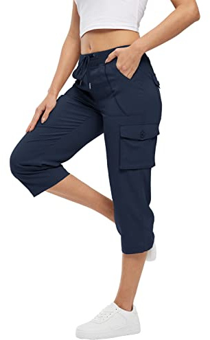 Rdruko Summer Womens Cargo Capri Pants with 6 Pockets | Ladies Drawstring Elastic Waist Knee Length Shorts Casual Outdoor Hiking Walking Travel Golf Work Cropped Trousers