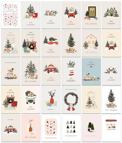Weihnachtskarten mit Umschlag Set 30 verschiedene Designs - Boho Klappkarten Weihnachtsgrußkarten