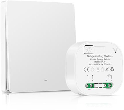 CNBINGO RF433 Funkschalter Batterielos mit Mini-Modul, Keine Verkabelung Erforderlich, Wand Lichtschalter mit Eigener Stromversorgung, Kabelloses Schalter-Set, Weiß (Keine Batterien Erforderlich)