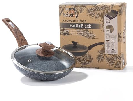 HOUSZY Non-Stick Frying Pan with Lid –28 cm- Non-Stick Granite Coating, Scratch-Resistant Skillet for Induction Hobs, Heat-Resistant Handle, Glass Lid Included