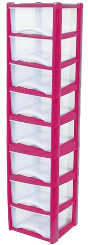 Neat. 8 Plastic Storage Drawers Unit with See-Through Drawers, Compact Vertical Design – Durable Plastic, Ideal for Organizing Office Crafts, and Household Items, 160cm x L39cm x W39cm - Pink