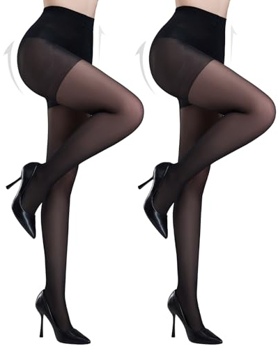 Yilanmy Tummy Control Sheer Tights for Women 40 Denier High Waist Slimming Support Tights Control Top Pantyhose (2 Pairs Black, L)