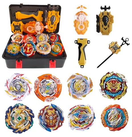 Gkopune 12Pcs Peonzas Turbo Punta Giratoria Juego de Regalo con Giroscopio y Lanzador,Huang