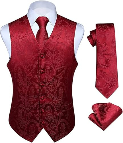 Enlision Västar för män, bröllopsväst med paisleymönster och blommigt jacquardtyg, set med fyrkantig väst med slips och ficka, formell kostym, S–6XL