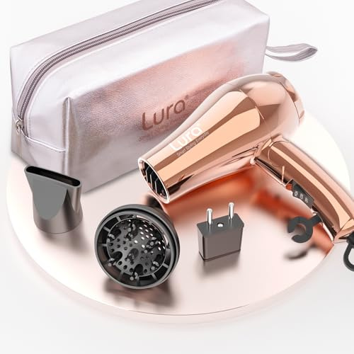 LURA Mini Portable Travel Hair Dryer:Dual Voltage Small Lightweight Blow Dryer with EU Plug,1200W Compact Hairdryer with Folding Handle,with Concentrator&Diffuser Attachment,for Women and Men