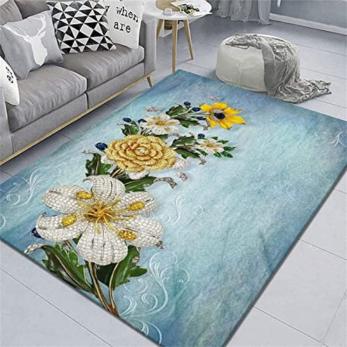 Teppich Wohnzimmer Bunt, 60 x 120 cm, 3D Blumig Hellblau Teppich Waschbarer rutschfest, Teppiche für Kinderzimmer Wohnzimmer Schlafzimmer Dekoration Teppich