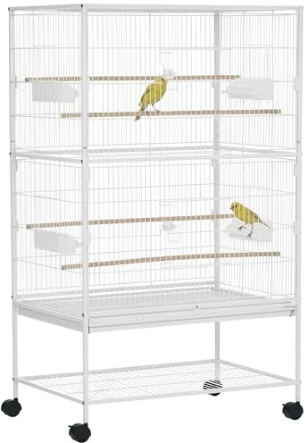 PawHut Large Bird Cage Budgie Cage for Finch Canaries Parakeet with Rolling Stand, Slide-out Tray, Storage Shelf, Food Containers, White