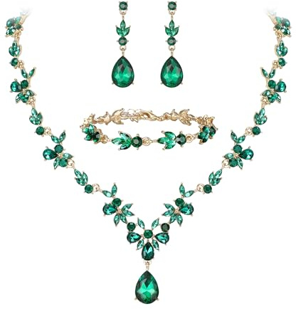 Clearine Juego de joyas de boda para mujer, collar en Y, pulsera de tenis, juego de pendientes y gota de cristal en forma de lágrima, marquesa, para novia, dama de honor, azul y tono plateado,