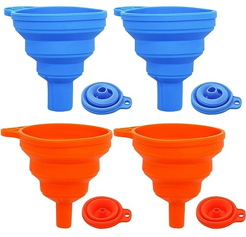 4Pcs Collapse Funnels, Silicone Kitchen Funnel, Folded Funnels Small Funnels for Filling Bottles with Clean Brush, Collapsible Funnel for Liquid Transfer S M Size