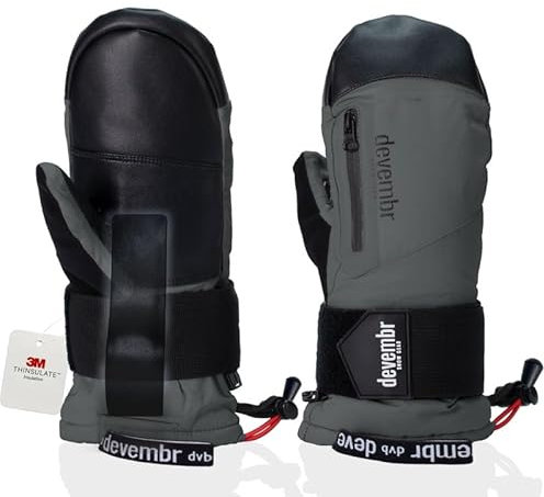 devembr Ski-Fäustlinge mit Handgelenkschützern, Warme Snowboard-Fäustlinge, Wasserdicht, Grau, M