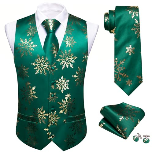 Barry.Wang Mens Christmas Vest Green Gold Xmas Snowflake Holiday Funny Suit Waistcoat Tie Set New Year Festival