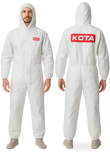 LAUCO White Polyester Reusable Paint Coverall Spray Suit with Hood, Elastic Waist and Wrist, Water Resistant, Lint Free, and Washable - Large, Pack of 1