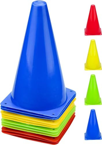 Wandefol 12pcs Cônes de Signalisation, 4 Couleurs Cones de Sport 23 Cm, Cone Plastique Activités Intérieures/Extérieures pour Football, Soccer, Jeux, Cône Entrainement, Plot Sport Enfant