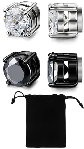 LICHUANUK 2 Pares De Aretes Magnéticos De Acero Inoxidable Para Hombres y Mujeres Redondos Con Incrustaciones De Circonita Cúbica Aretes Magnéticos Sin Perforación Aretes Con Clip