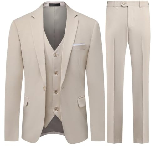 Allthemen Mens 3 Piece Suit 1 Button Business Solid Color Stretch Tuxedo Blazer Waistcoat Trousers Beige M
