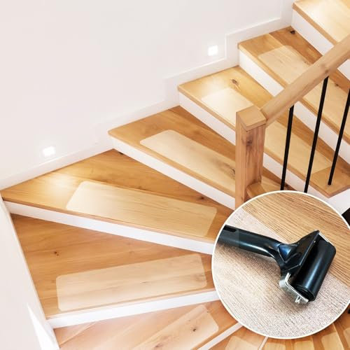 KARAT Stufenmatten transparent für Treppen - 15 Stück - 60 x 10 cm, Antirutschstreifen selbstklebend inkl. Montageroller - Treppenstufen Matten für Holztreppen, Anti Rutsch Streifen Treppe (Henri)