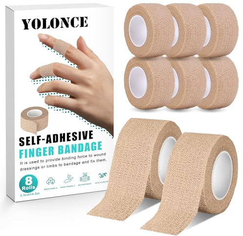 8 Rollen Fingerpflaster, 2,5cm x 4,5m Selbsthaftende Pflaster für die Finger, Elastisches Selbstklebender Verband, Atmungsaktive, Pflaster Rolle für Sport, Wasserfestes Schmale Haftbandage(Beige)