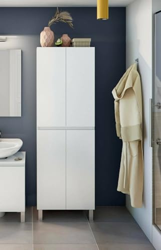 Dmora - Mobile colonna Sarasota, Pensile bagno o cucina, Armadio alto multifunzione, Mobiletto multiuso, 60x35 h182 cm, Bianco lucido