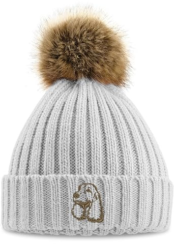 Purple Print House Cocker Spaniel Embroidered Faux Fur Pom Pom Beanie Winter Walking Embroidery Chunky Ladies Hat, One Size, Light Grey