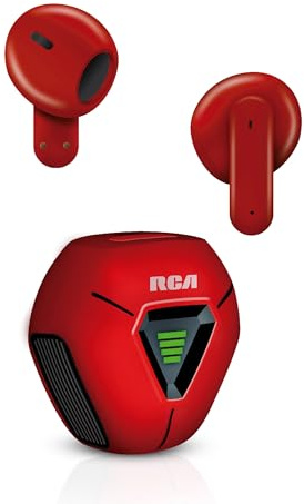 RCA Wave-78 True Wireless Earbuds, Bluetooth 5.2 Headphones with Microphone, Charging Case, 20H Playtime, Hi-Res Audio, Sweat Resistant, Compact in-Ear Design, Noise Cancelling, Red