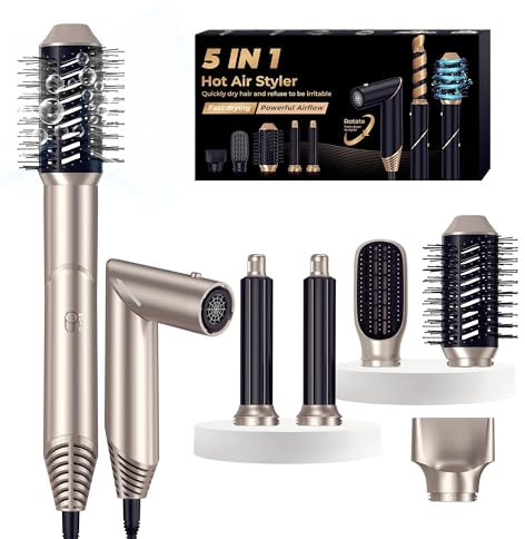 5 in 1 Airstyler mit 60,000RPM Ionen Föhn & Luft-Lockenstab, UKLISS 5 in 1 Hairstyler Heißluft Multistyler Ionen Haartrockner Warmluftbürste Stylingbürsten Haarstyler Geschenken für Frauen Set, Gold