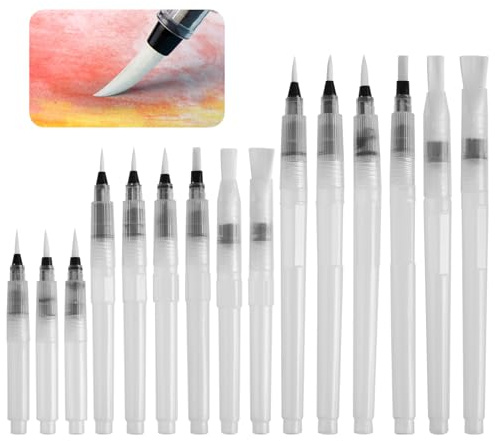Pinceles De Acuarela con Depósito Rellenable,15 Piezas Bolígrafos De Pincel De Agua Pincel de Agua Recargables Plástico para Colorear, Pintar, Paleta