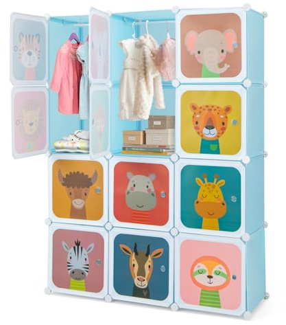 COSTWAY Armario Modular Infantil de 12 Cubos, Organizador Modular para Niños con 2 Secciones para Colgar, Cajonera con Cubos para Juguetes para Habitación Infantil, Guardería, Dormitorio (Azul)