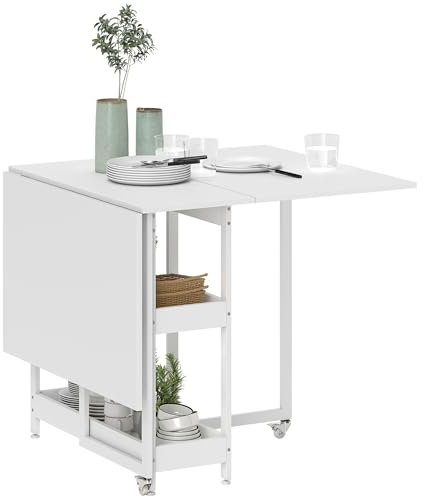 HOMCOM Folding Dining Table, Industrial Drop Leaf Table with Open Compartments for Small Spaces, Kitchen, Dining Room, White