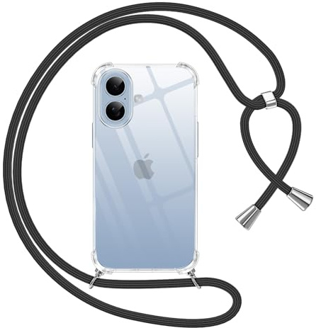 Pnakqil Cover per iPhone 17 con Cordino, Trasparente Custodia con Laccio Tracolla Cellulare Girocollo Collana Protettiva per iPhone 17 6,3, Nero