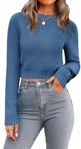 Zeagoo Jersey de mujer de manga larga con cuello redondo, suéter corto de punto, otoño e invierno, casual, de un solo color, tallas S-XXL, azul marino, L