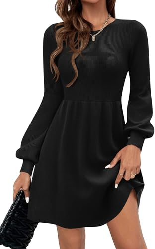 Zeagoo Jumper Dress for Women UK Round Neck Knitted Dresses Puff Sleeve High Waist Dress Ladies Casual A-Line Mini Dresses Black L