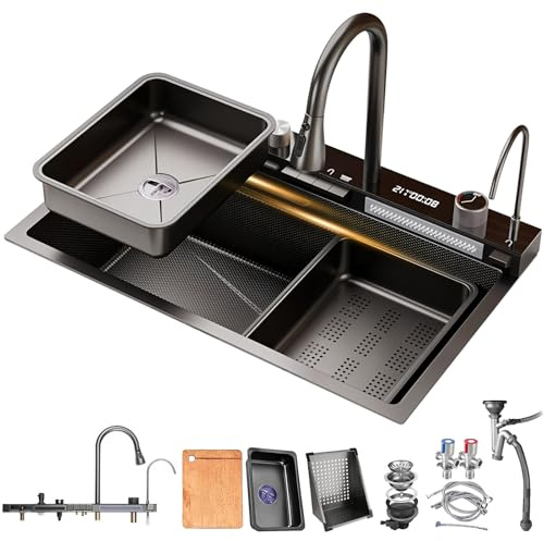 HZKSINNK 85 x 50 cm, lavello da cucina con due cascate, 1 vasca, nero, multifunzione, in acciaio inox, con rubinetti estraibili, lavavetri e set di scarico