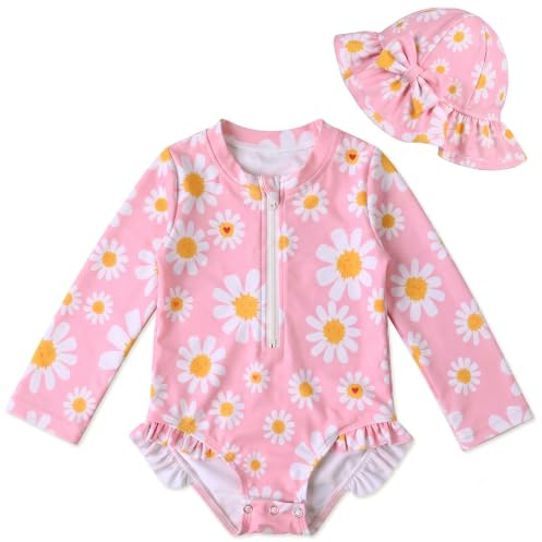 Traje de Baño para Niñas Pequeñas, Bañador con Gorro para el Sol y Manga Larga, Protección UPF 50+, con Cremallera, para Niñas de 3 a 36 Meses, Ideal para la Playa y la Piscina