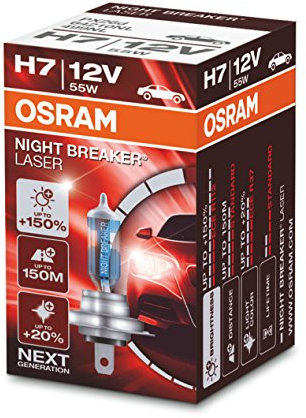 Osram NIGHT BREAKER LASER H7, +150% mehr Helligkeit, Halogen-Scheinwerferlampe, 64210NL, 12V PKW, Faltschachtel (1 Lampe)