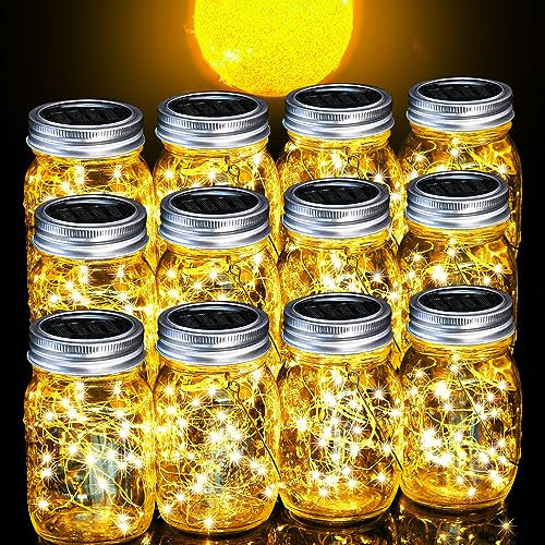 Cooo 12 Pack Gifts for Him Her Solar Lanterns Outdoor Waterproof Upgraded Crystal Glass Solar Mason Jar Lights 30 LED 215% Larger SolarPanel（Just a Little More,Get Double The Delight-Warm White）