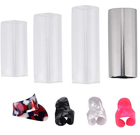 8 Pieces Medium Guitar Slides Include 3 Glass Guitar Slides 1 Stainless Steel Slides 4 Finger Picks Instrument Accessories with Box