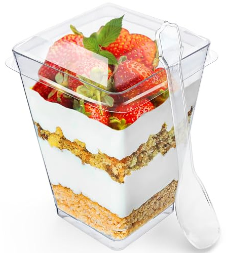Sammray 100 Pack 5 oz Dessert Cups with Lids and Spoons – Plastic Parfait Cups for Appetizer and Desserts be it, Mousse, Tiramisu, Pudding, or salads - Perfect for Parties
